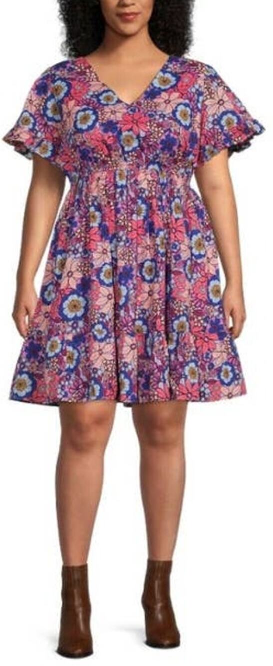 Terra & Sky Retro Floral/Lilac Bud Tiered Ruffle Midi Dress Plus Size 4x New